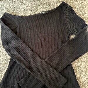 Black Ribbed Long Sleeve Off The Shoulder Top